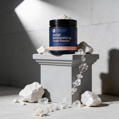 Herbal remineralizing tooth powder jar with powder, rocks, and crystals on a stone pedestal