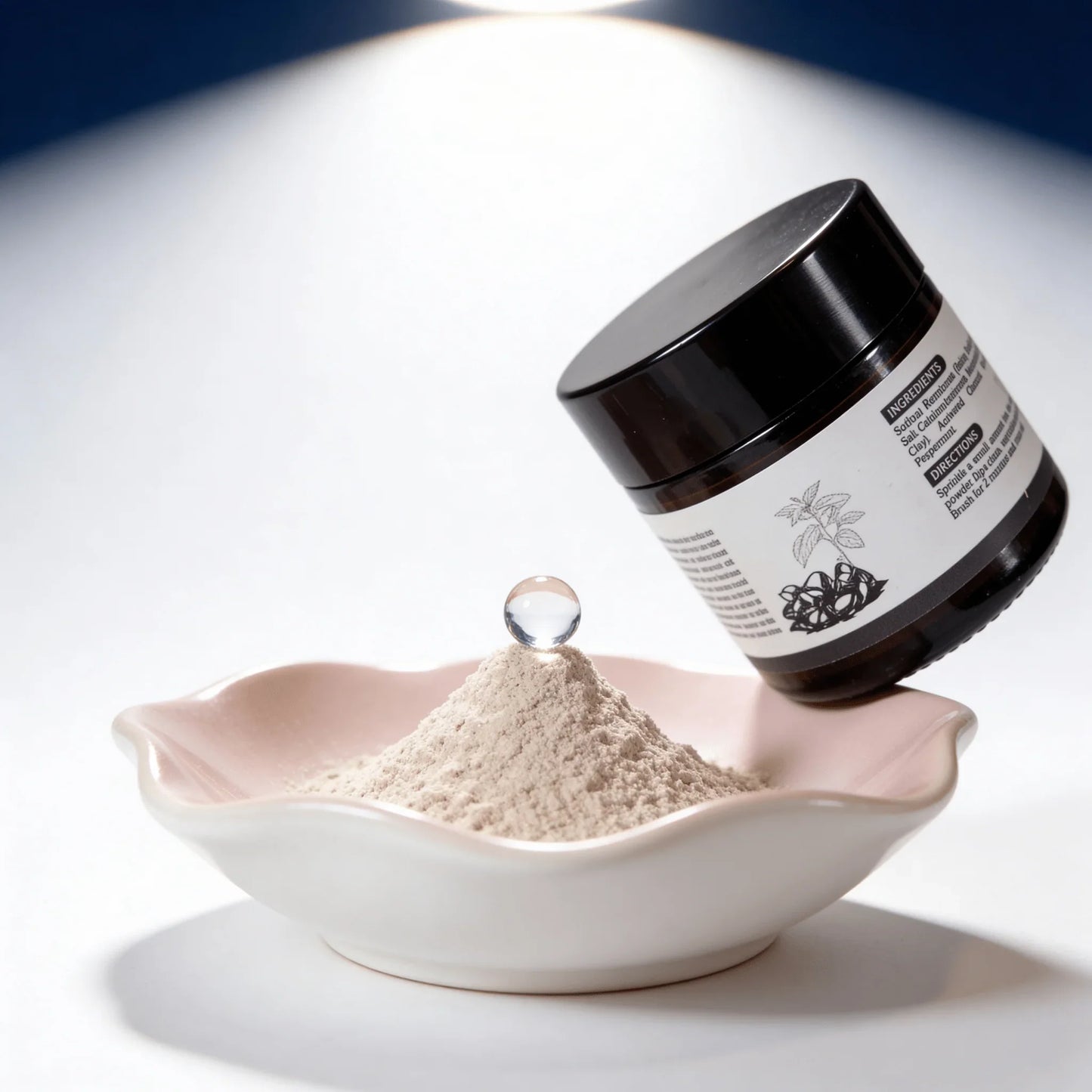 Nutritional supplement powder in a bowl with jar, featuring a water droplet on top