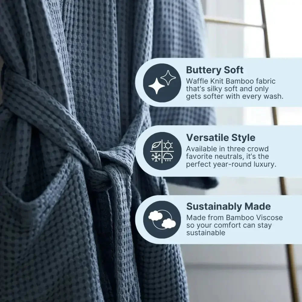 Blue waffle knit bamboo robe with belt, featuring soft, sustainable, versatile fabric qualities.