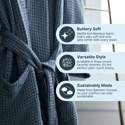 Blue waffle knit bamboo robe with belt, featuring soft, sustainable, versatile fabric qualities.