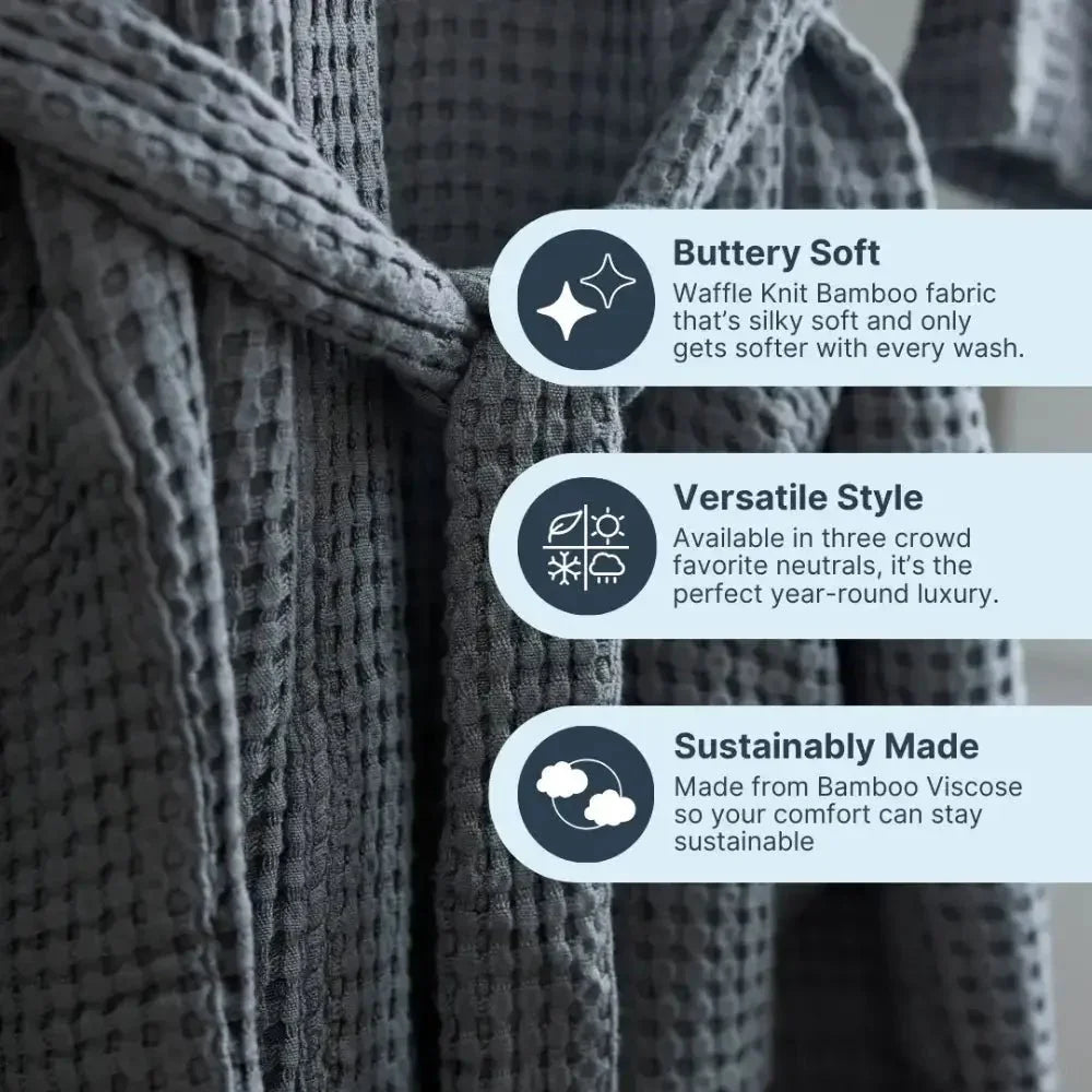 Gray waffle knit bamboo robe with belt, highlighting soft, sustainable, versatile design features.