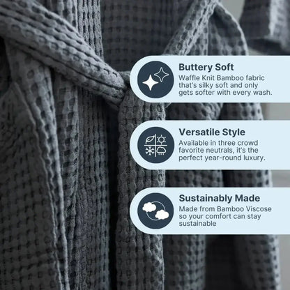 Gray waffle knit bamboo robe with belt, highlighting soft, sustainable, versatile design features.