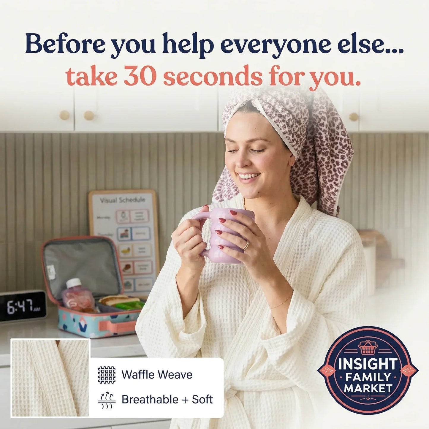 Woman in a robe holding a pink cup with text about self-care, wearing a leopard print towel on her head.