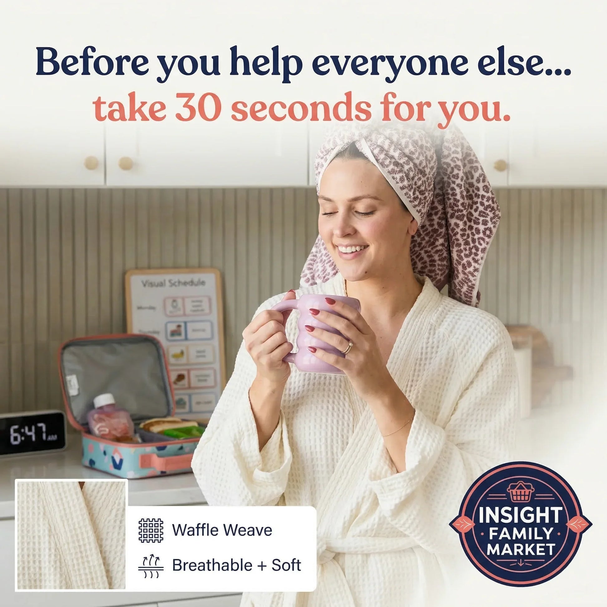 Woman in a robe holding a pink cup with text about self-care, wearing a leopard print towel on her head.