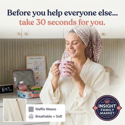 Woman in a robe holding a pink cup with text about self-care, wearing a leopard print towel on her head.