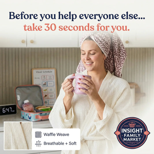 Woman in a robe holding a pink cup with text about self-care, wearing a leopard print towel on her head.
