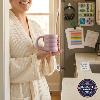 Person in a robe holding a pink mug in a kitchen, with a refrigerator and cabinets in the background.