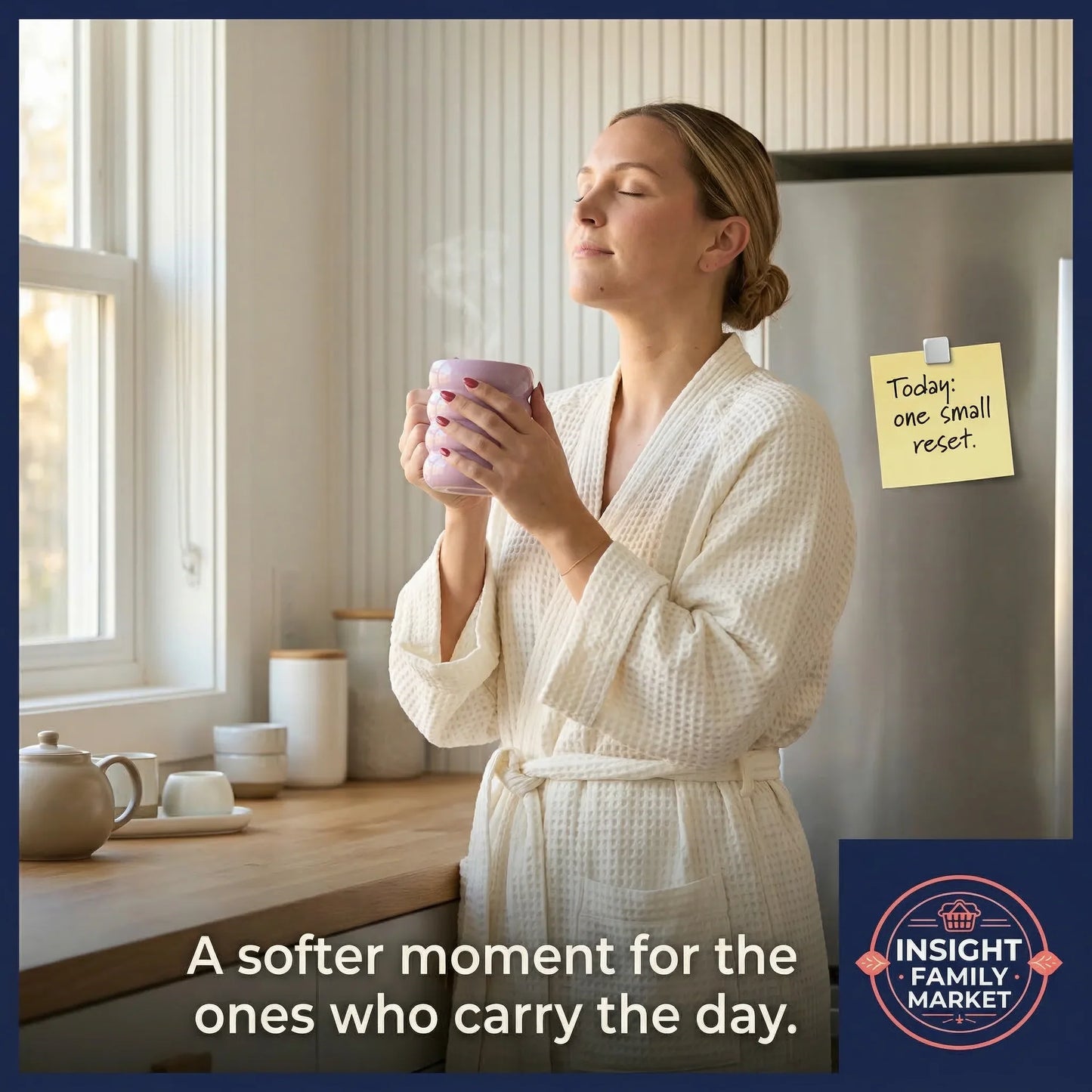 Woman in a robe holding a mug in a kitchen with a motivational note on the refrigerator.