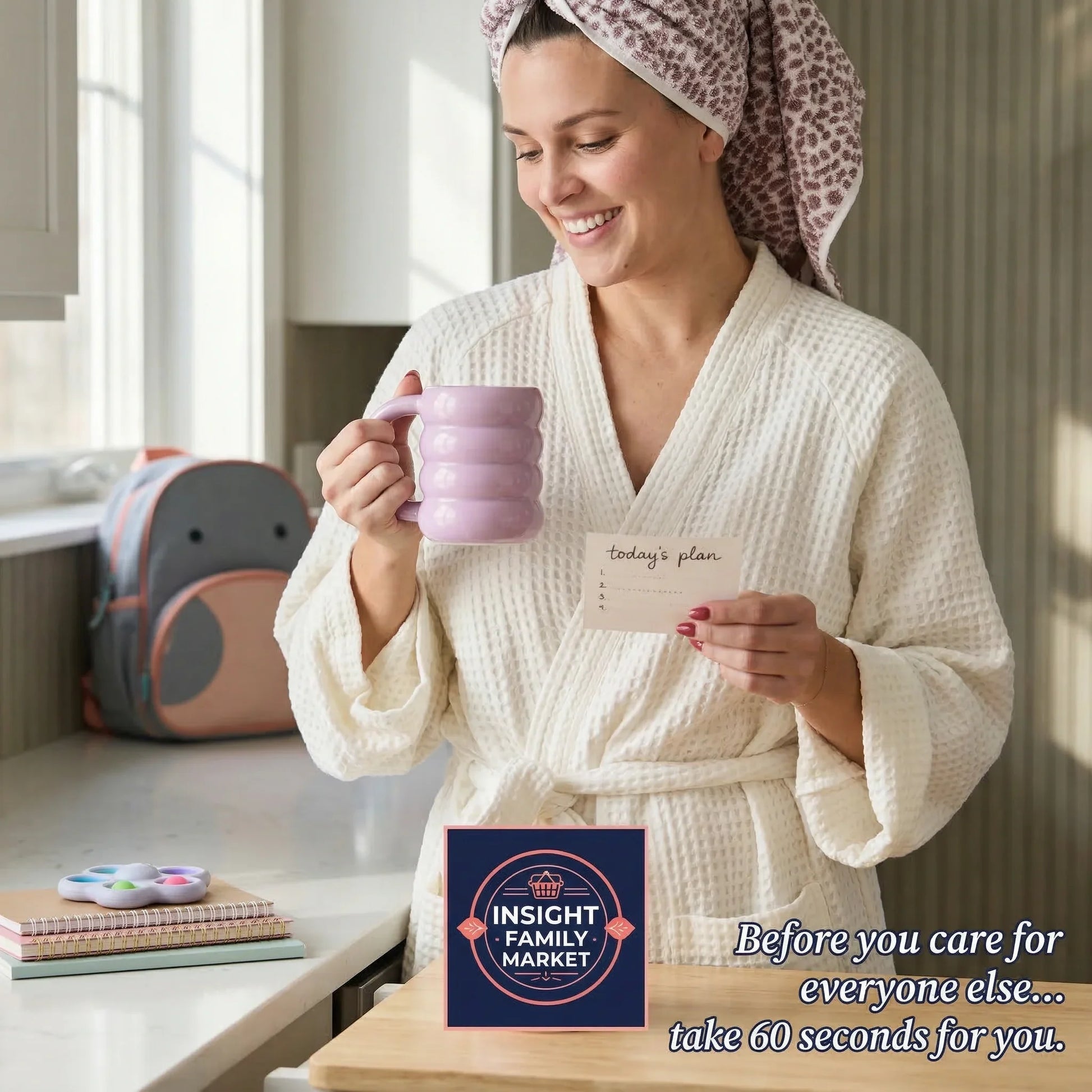 Woman in a robe holding a mug and a card in a kitchen, with an Insight Family Market logo.