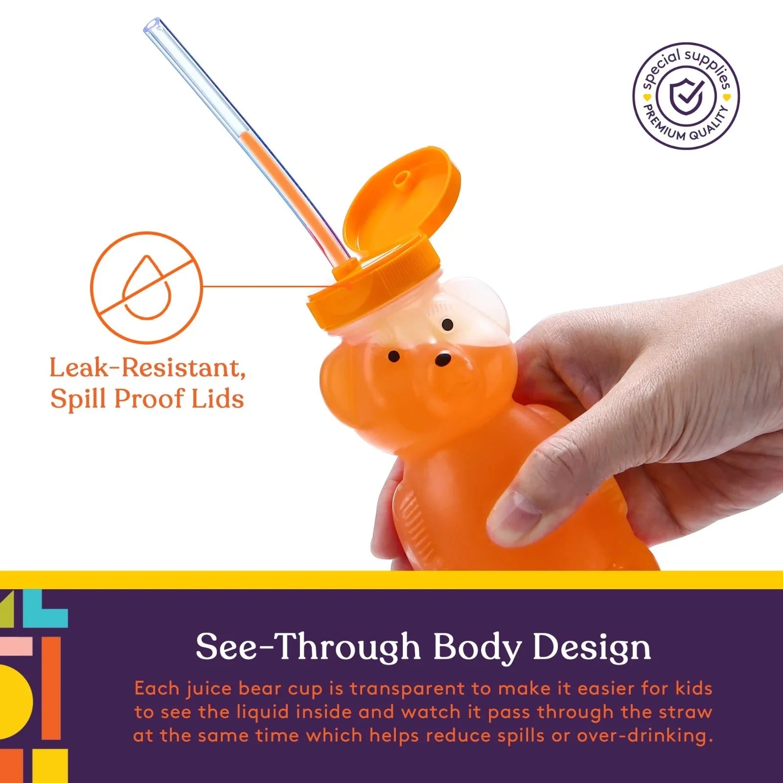 Hand holding an orange bear-shaped sensory-friendly cup with a straw and leak-proof lid
