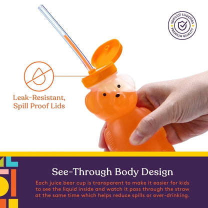 Hand holding an orange bear-shaped sensory-friendly cup with a straw and leak-proof lid