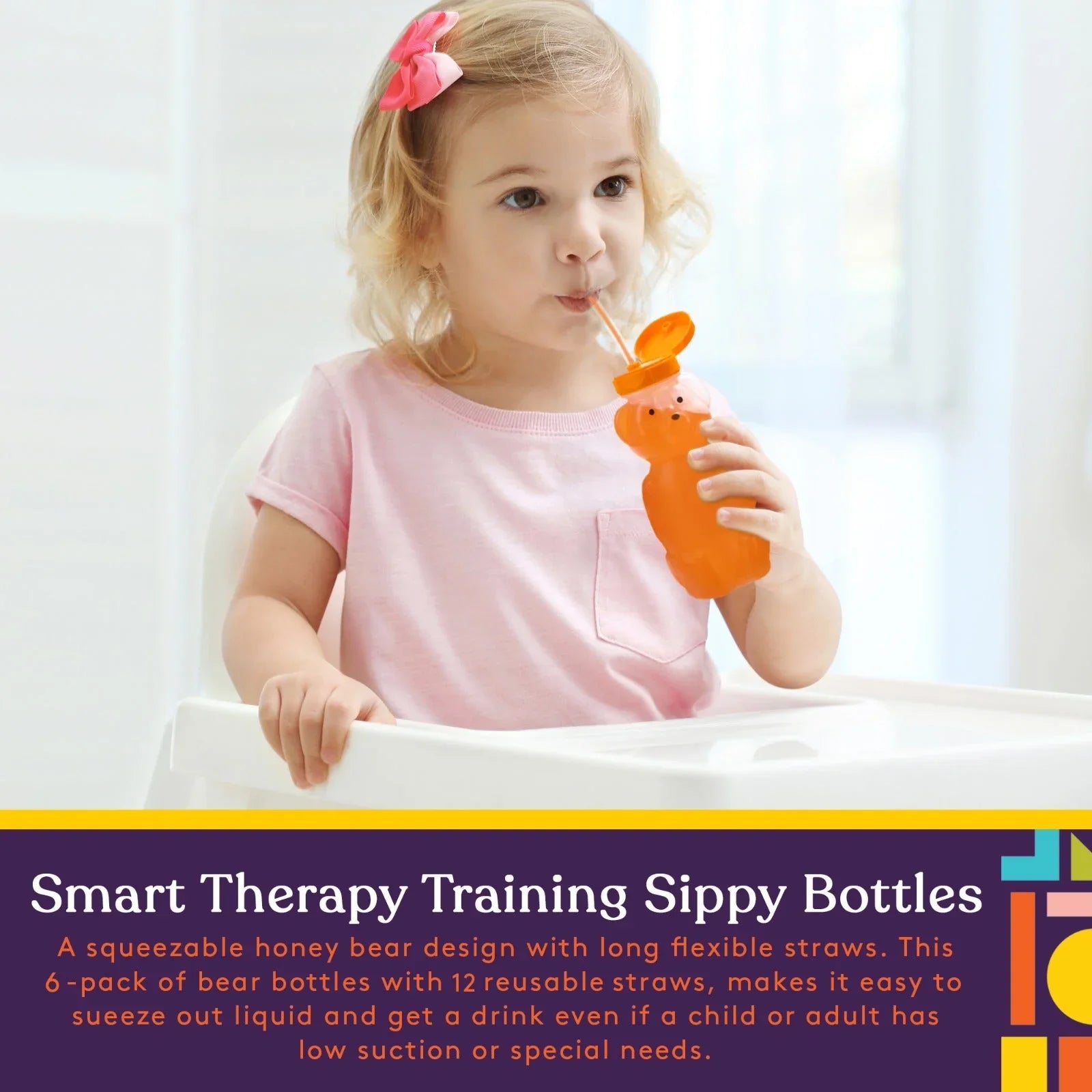 Toddler drinking from orange honey bear therapy sippy bottle with straw at high chair.
