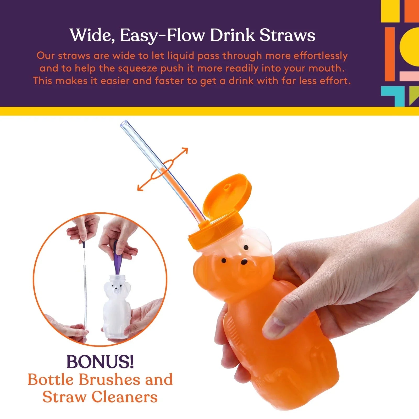 Wide easy-flow straw cup shaped like a bear, with bonus bottle brush and straw cleaner shown.