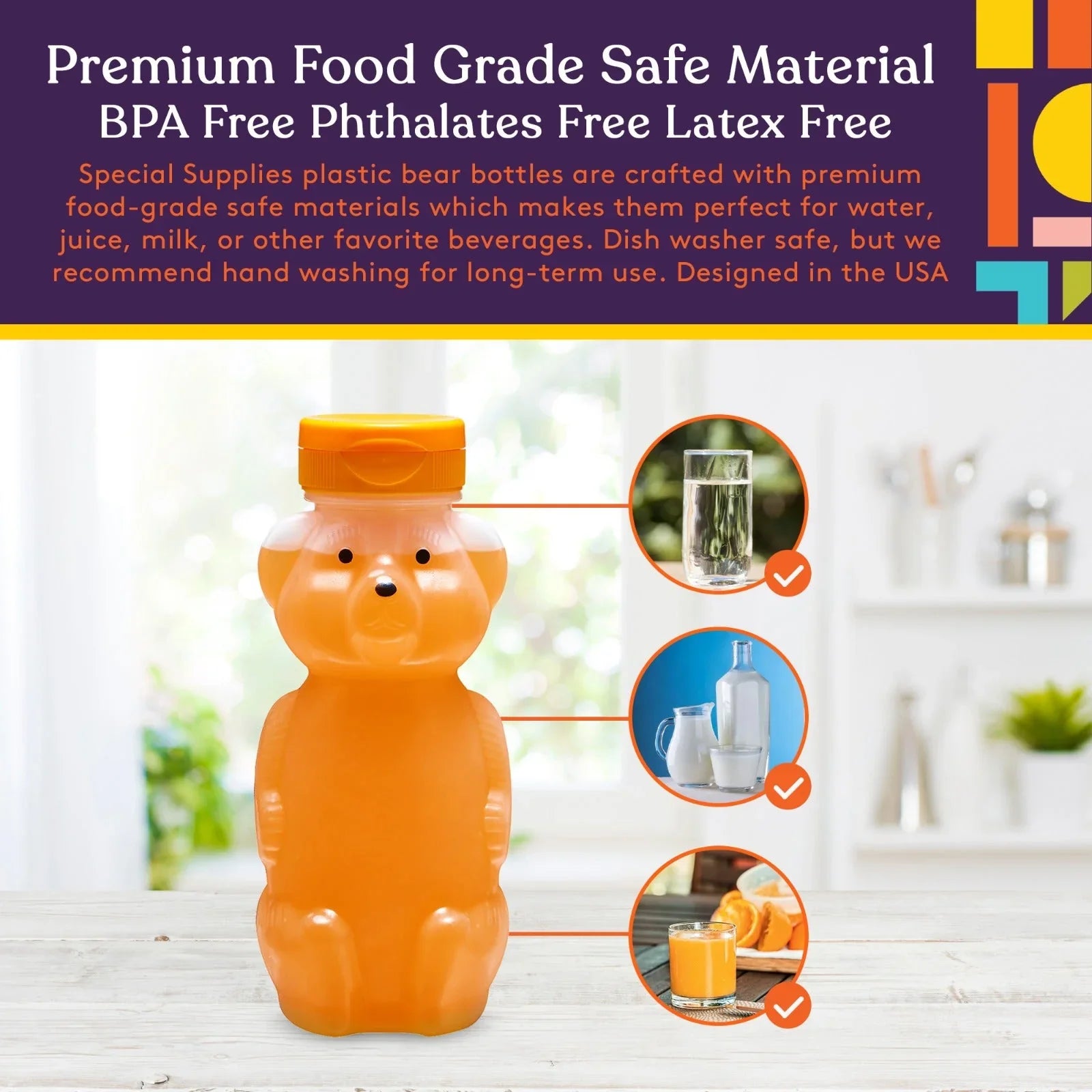 Orange bear-shaped plastic bottle with screw cap, BPA free, on kitchen table, suitable for water, milk, or juice.
