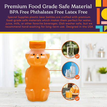 Orange bear-shaped plastic bottle with screw cap, BPA free, on kitchen table, suitable for water, milk, or juice.
