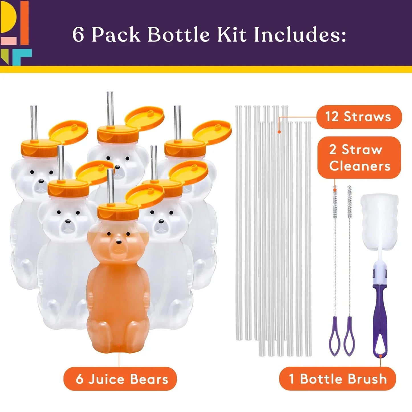 Juice bear bottle set with six bear-shaped bottles, straws, straw cleaners, and bottle brush.