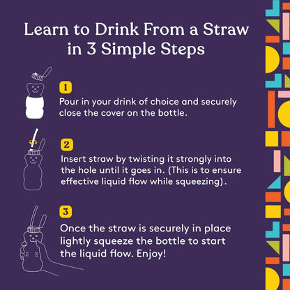 Step-by-step guide to using a honey bear straw cup for straw drinking practice.