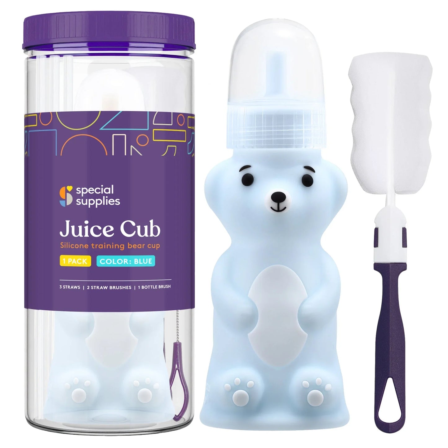 Blue silicone bear-shaped training cup with bottle brush and packaging, sensory-friendly design.
