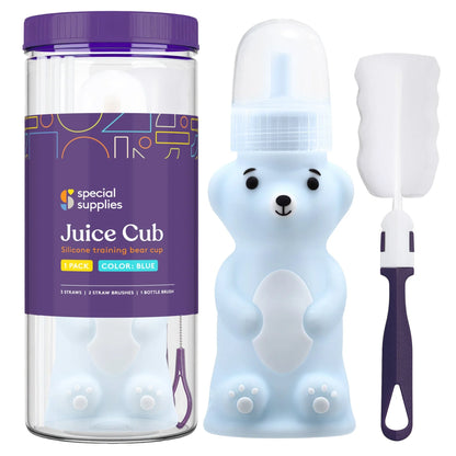 Blue silicone bear-shaped training cup with bottle brush and packaging, sensory-friendly design.