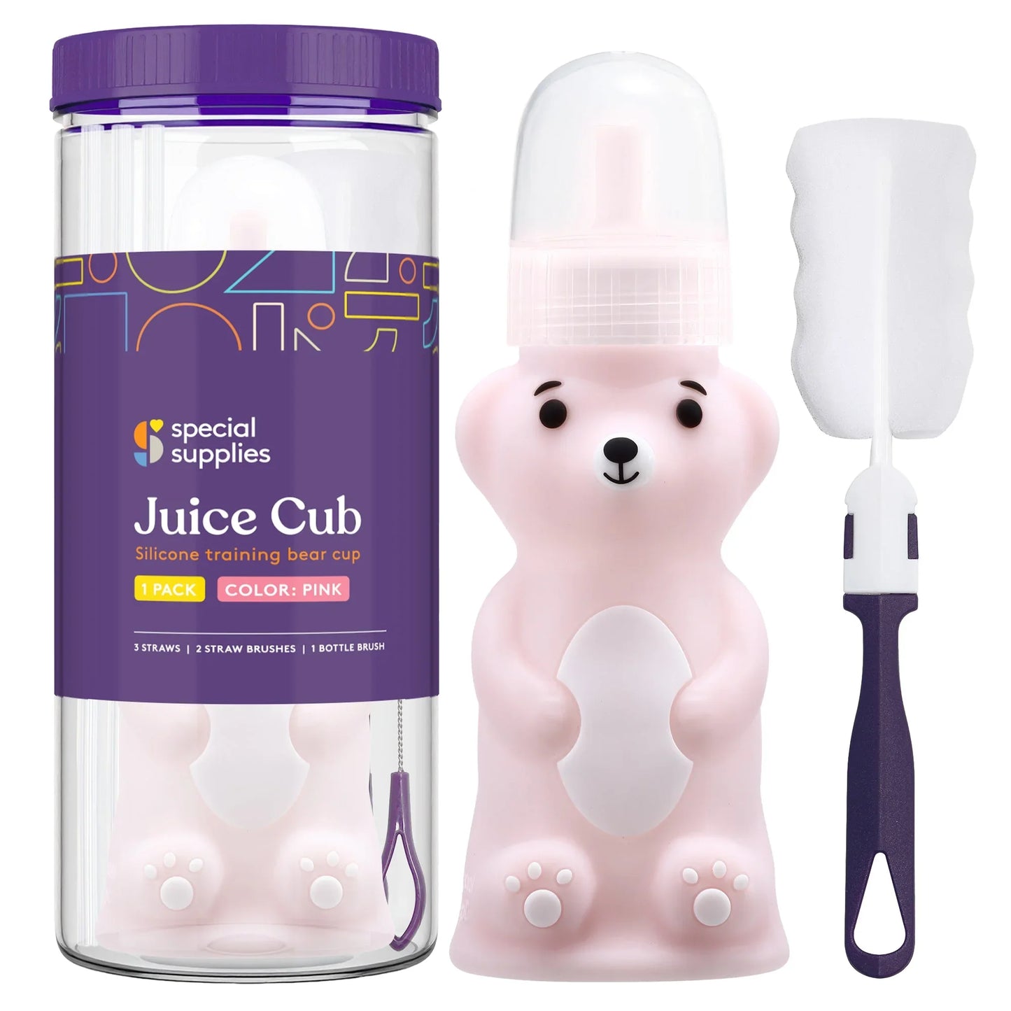 Pink silicone bear-shaped training cup with straw, cleaning brush, and storage container