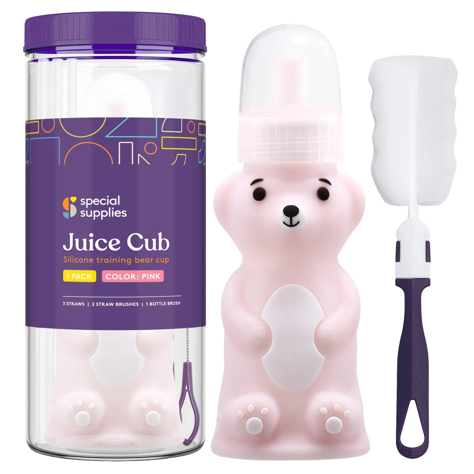Pink silicone bear-shaped training cup with straw, cleaning brush, and storage container