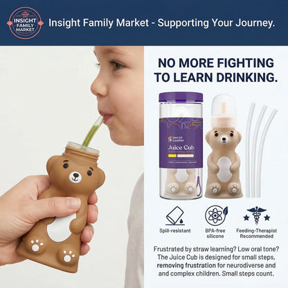 Bear-shaped juice cup with straw, child drinking from it, and product packaging on a white background.