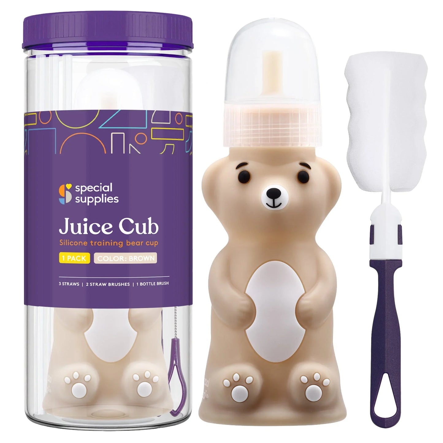 Silicone bear training cup set with straw and bottle brush for kids, brown color
