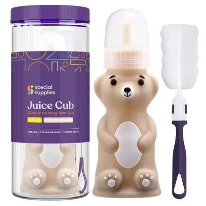 Silicone bear training cup set with straw and bottle brush for kids, brown color