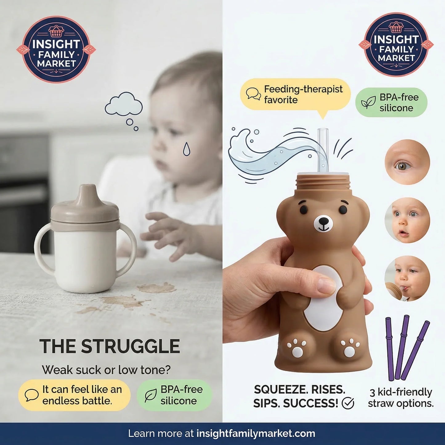Baby sippy cup and bear-shaped drinking toy with text and branding elements.