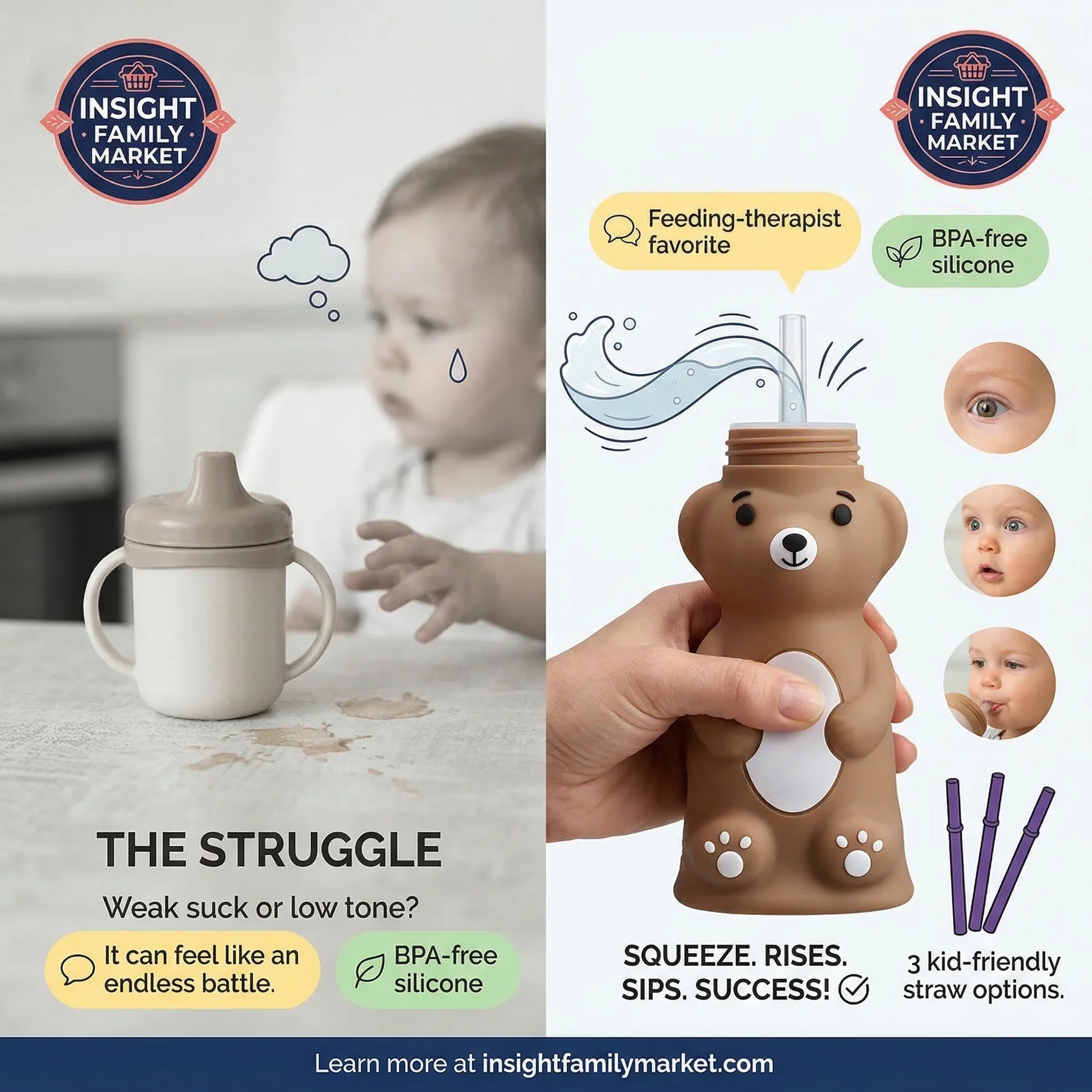 Baby sippy cup and bear-shaped drinking toy with text and branding elements.