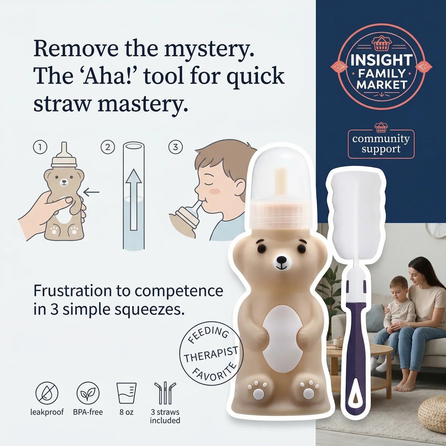 Bear-shaped feeding tool with instructions and branding for Insight Family Market.