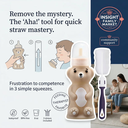 Bear-shaped feeding tool with instructions and branding for Insight Family Market.