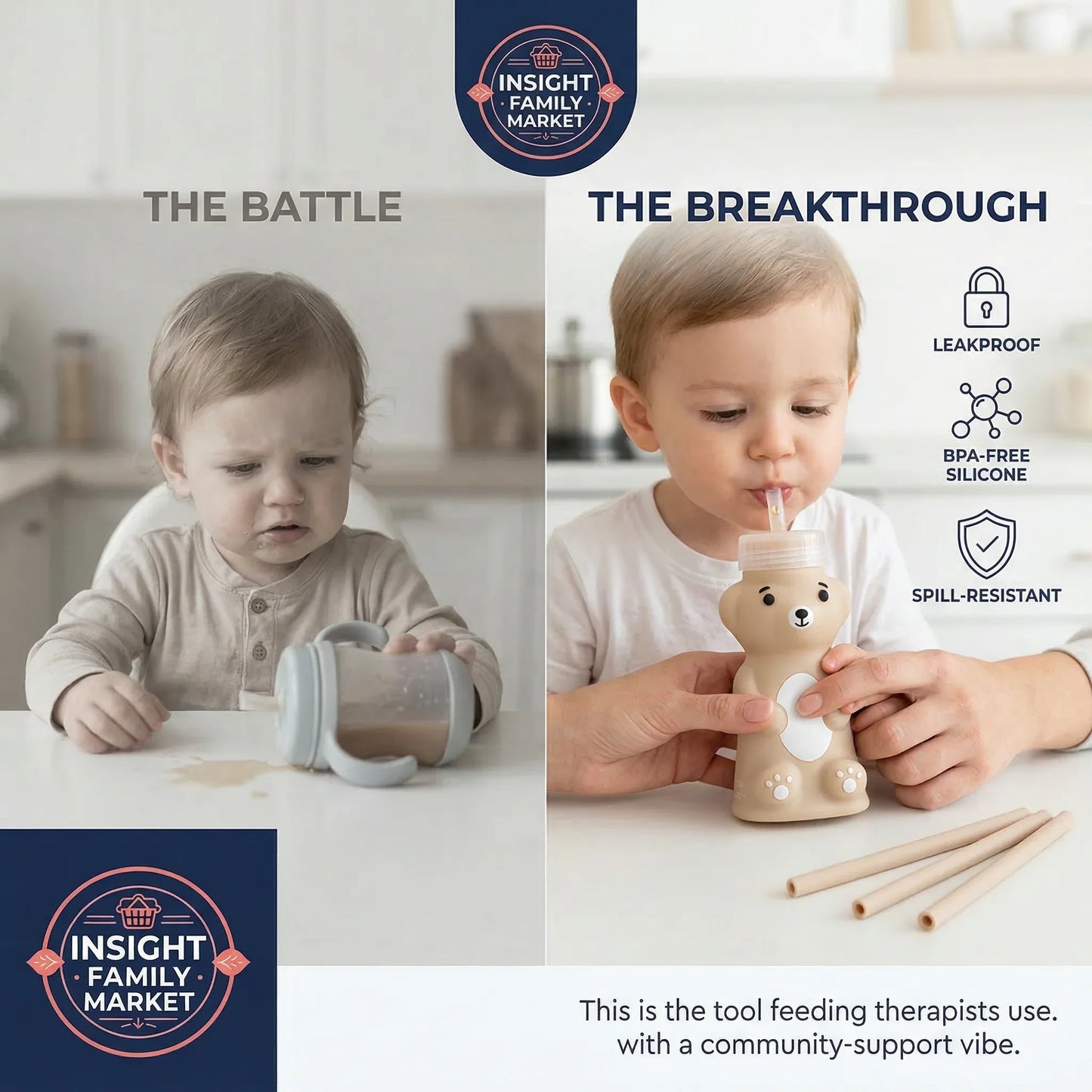 Two images showing a child with a sippy cup and a bear-shaped cup, with text about features and branding.