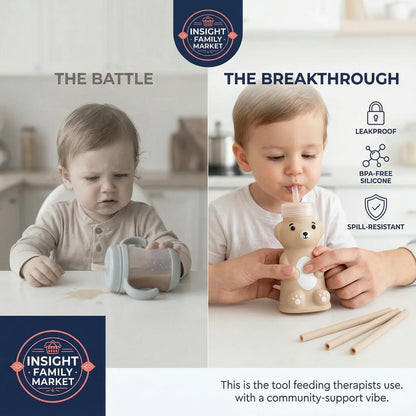 Two images showing a child with a sippy cup and a bear-shaped cup, with text about features and branding.