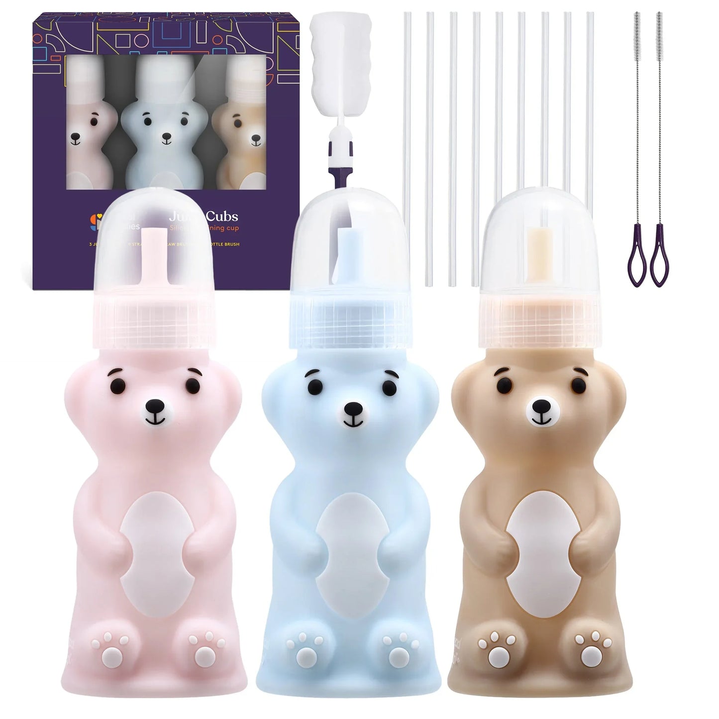 Set of three silicone bear-shaped drinking cups in pink, blue, and beige with straw lids, cleaning brushes, and extra straws, ideal for sensory-friendly or neurodiverse kids.