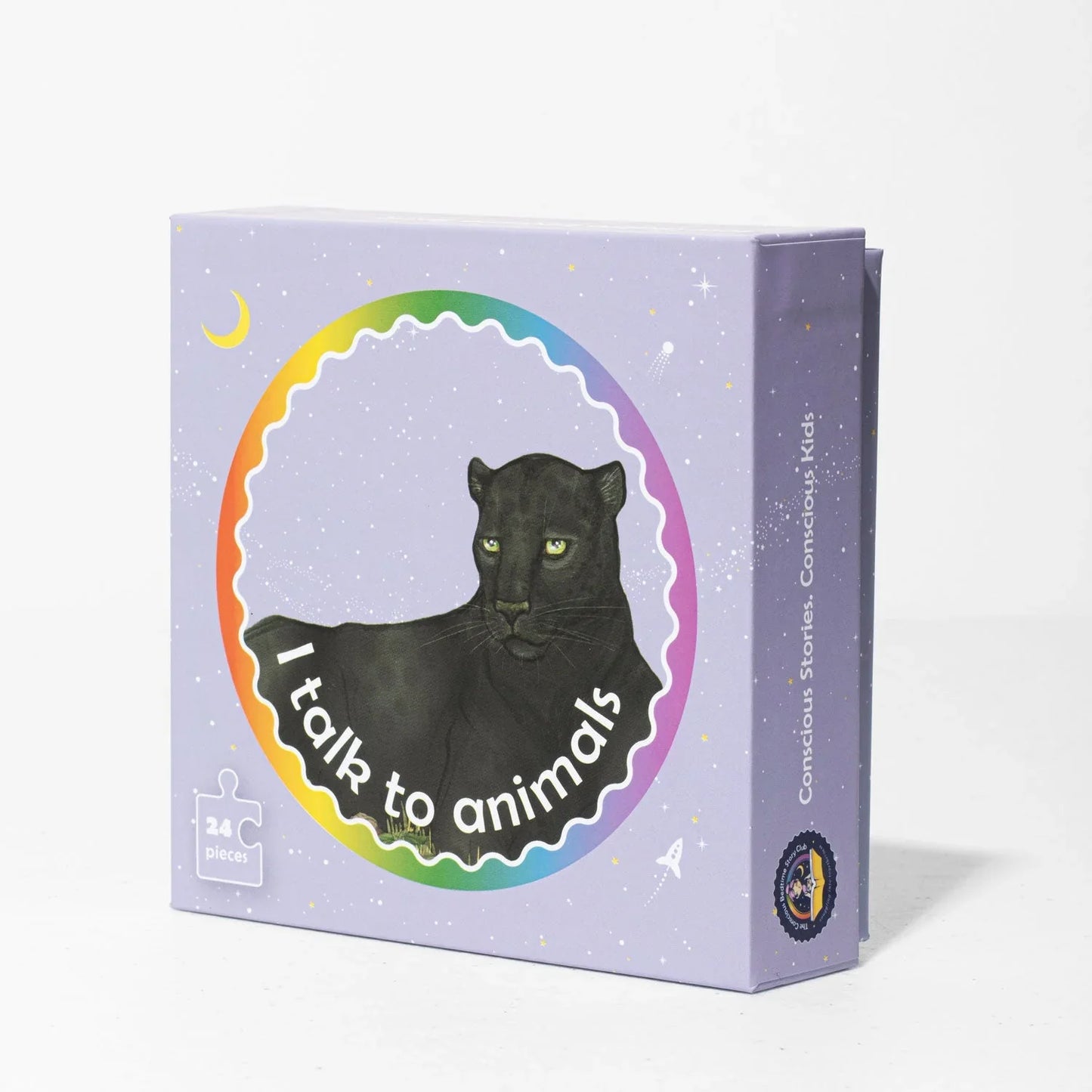 Children's puzzle box with black panther illustration, text 'I talk to animals', 24 pieces