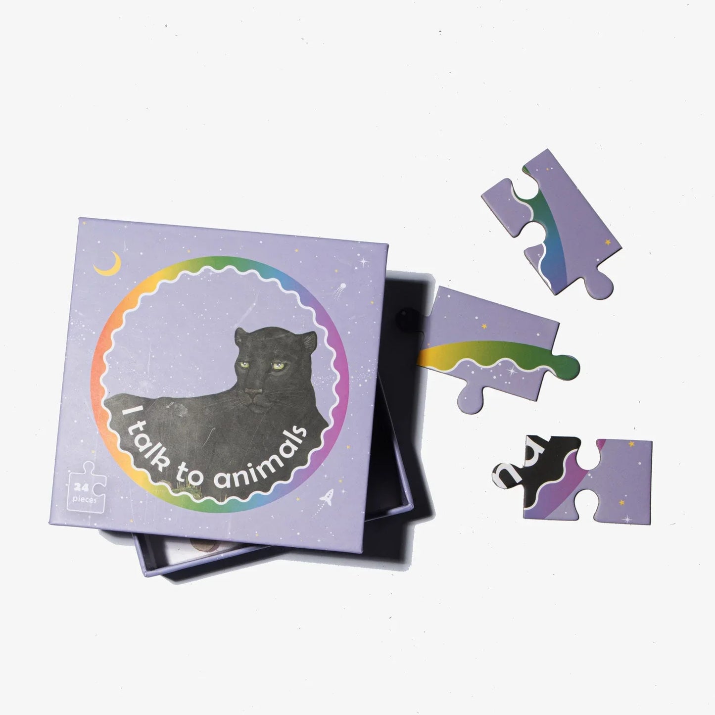 Colorful animal-themed 24-piece jigsaw puzzle box and pieces on white background