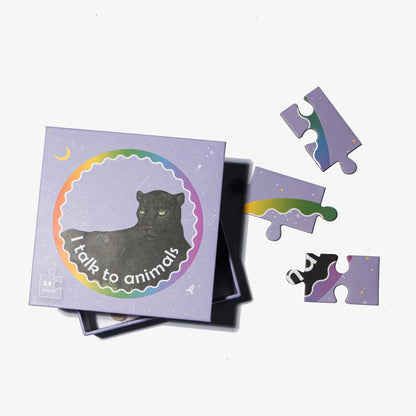 Colorful animal-themed 24-piece jigsaw puzzle box and pieces on white background