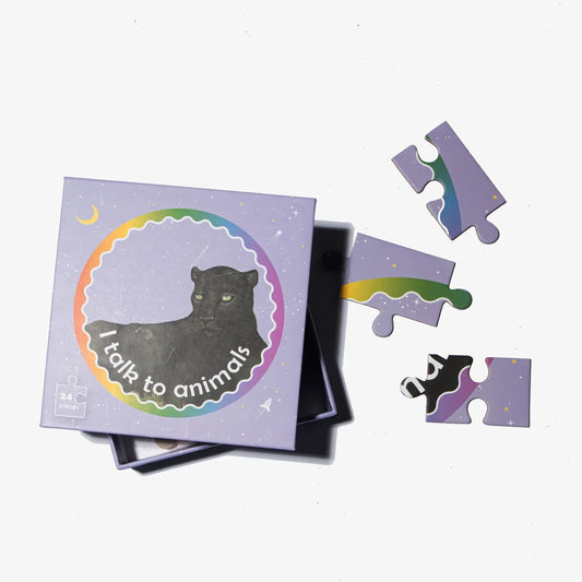 Colorful animal-themed 24-piece jigsaw puzzle box and pieces on white background