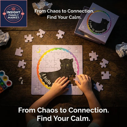 Child assembling sensory-friendly animal puzzle with text 'From Chaos to Connection, Find Your Calm'.