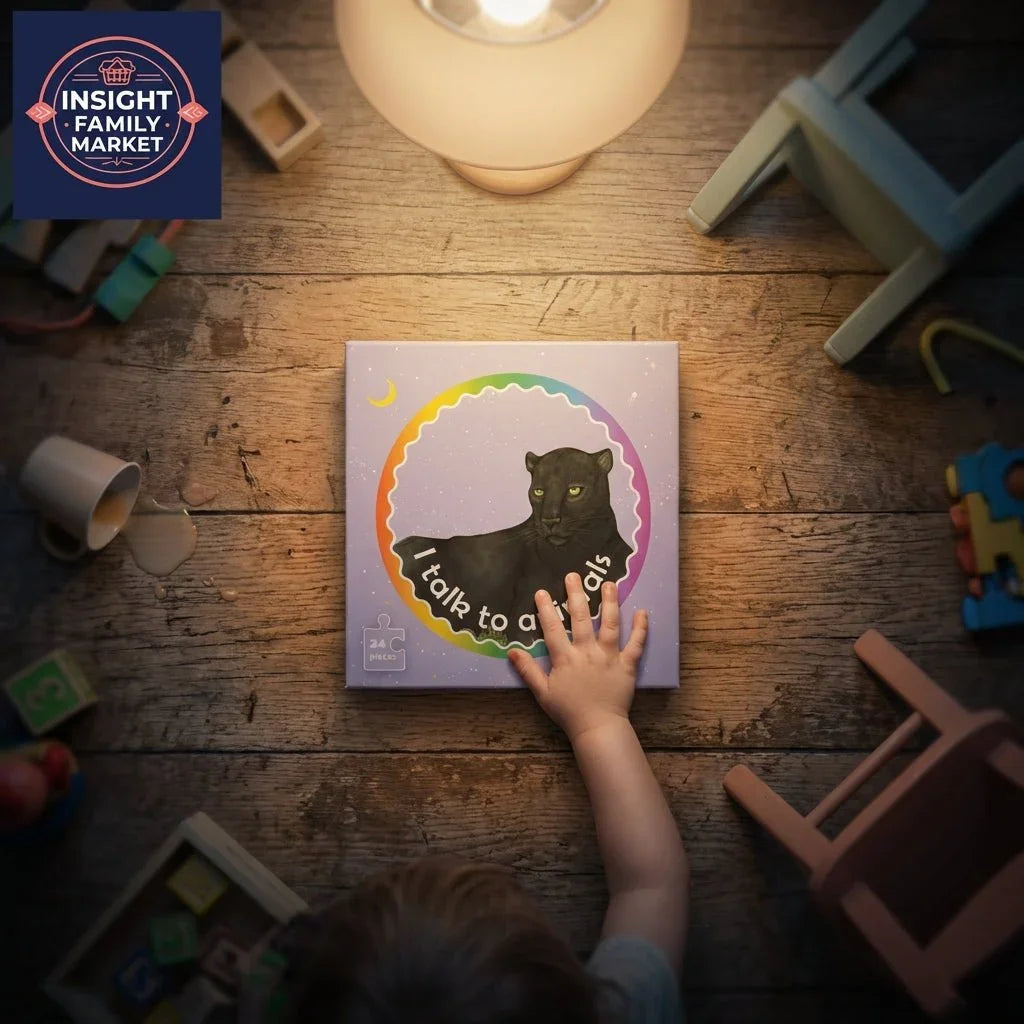 Child reaches for puzzle box with black panther, sensory toys and spilled cup nearby on wooden floor