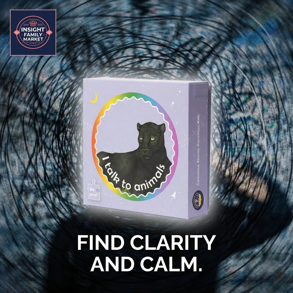 Sensory-friendly puzzle box with black panther and rainbow, focus on calm and clarity message.