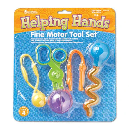 Colorful Helping Hands fine motor tool set in packaging, includes scissors, tweezers, and dropper, for sensory and developmental activities.
