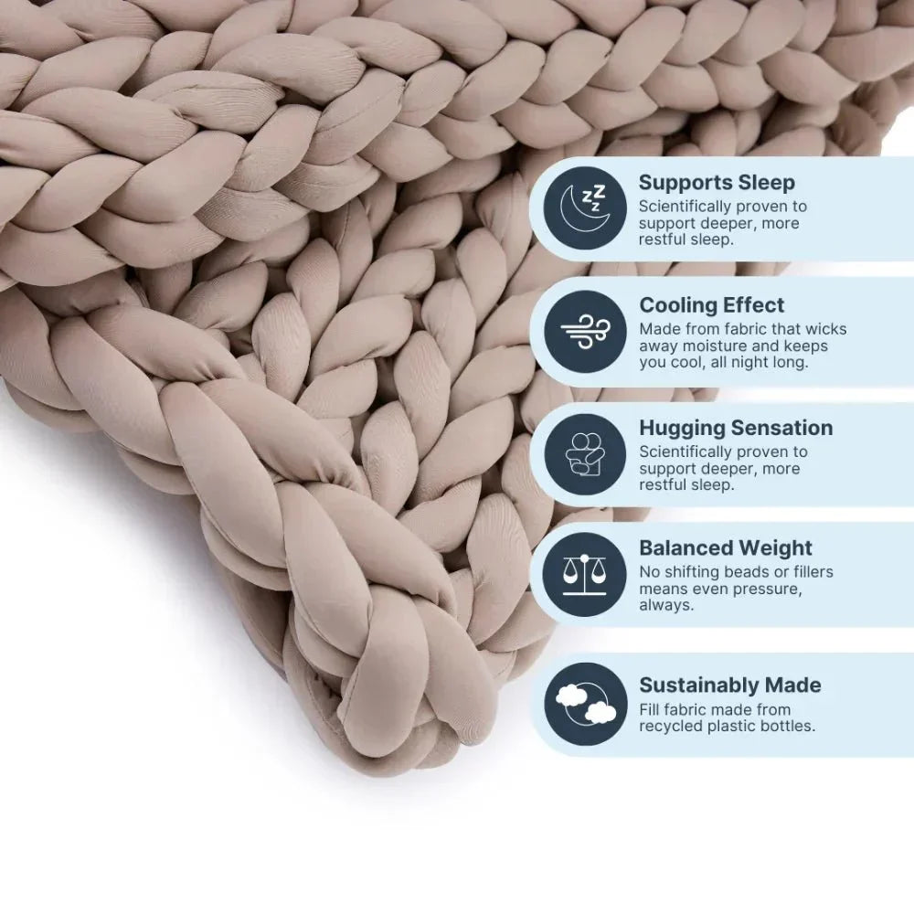 Beige chunky knit cooling weighted blanket with benefits like sleep support and balanced weight shown.