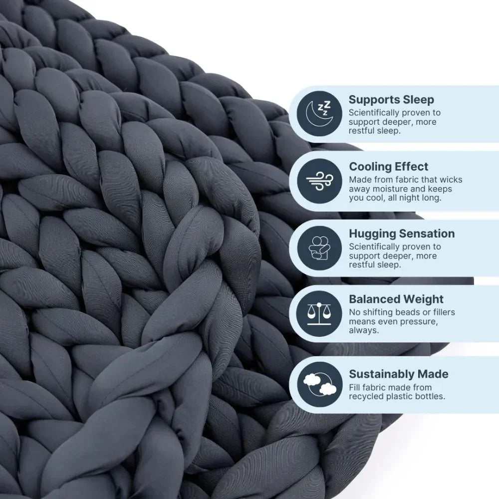 Chunky knit cooling weighted blanket in dark grey, highlighting sleep, cooling, and sustainable benefits.