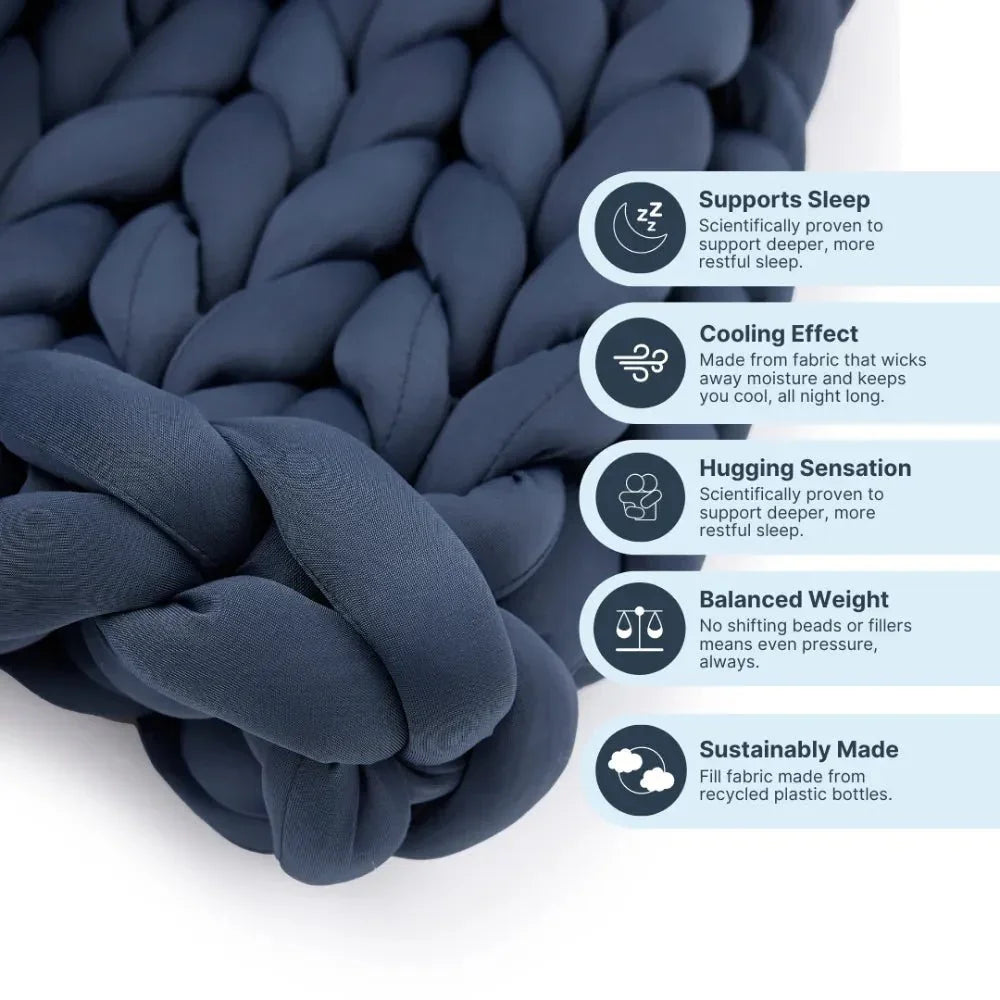 Close-up of a blue knit cooling weighted blanket with sleep, cooling, and eco-friendly features listed.