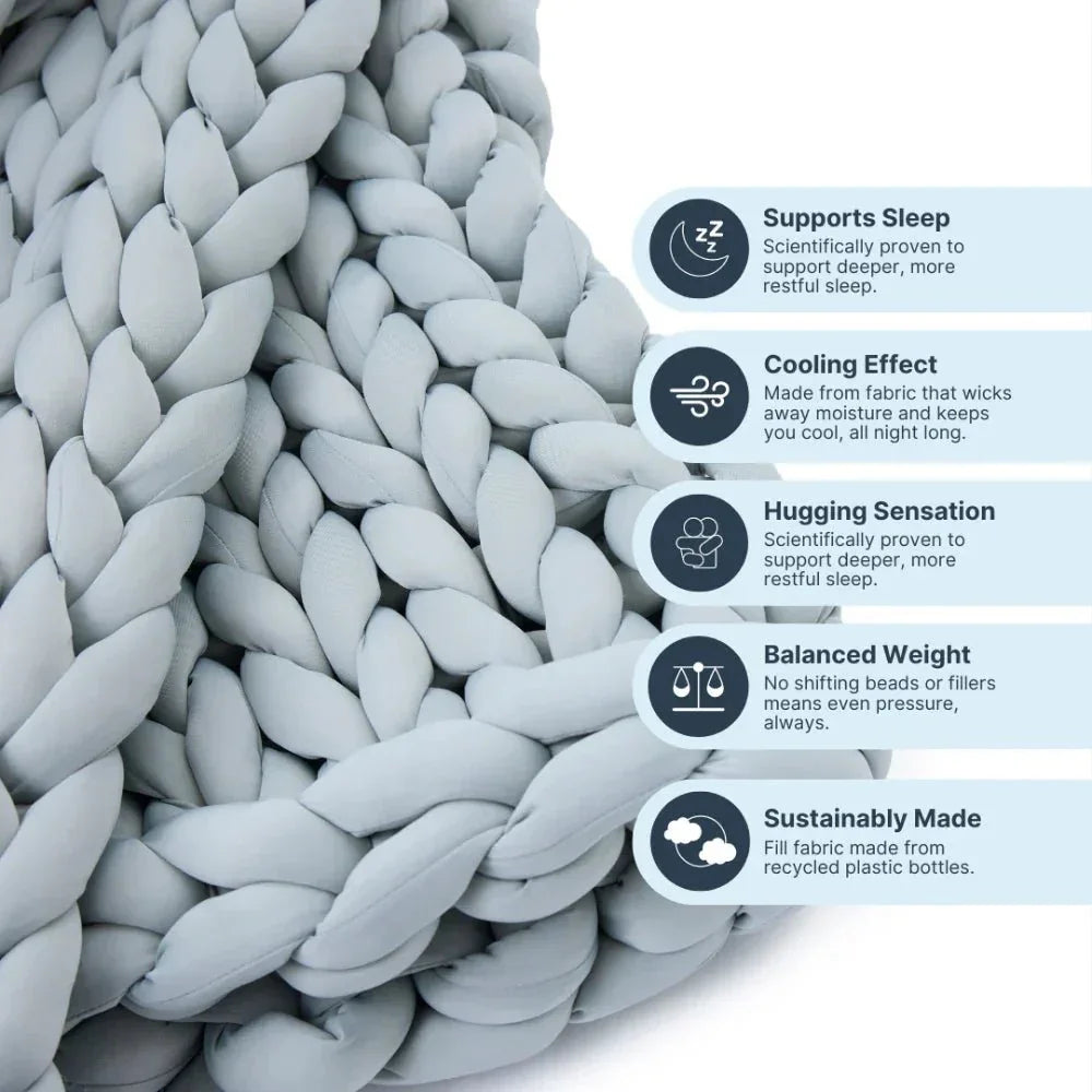 Close-up of chunky knit cooling weighted blanket in silver grey with benefits listed beside it.