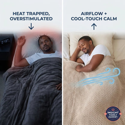 Comparison of a person sleeping under a heavy blanket on the left and a cool-touch blanket on the right, with text indicating comfort levels.