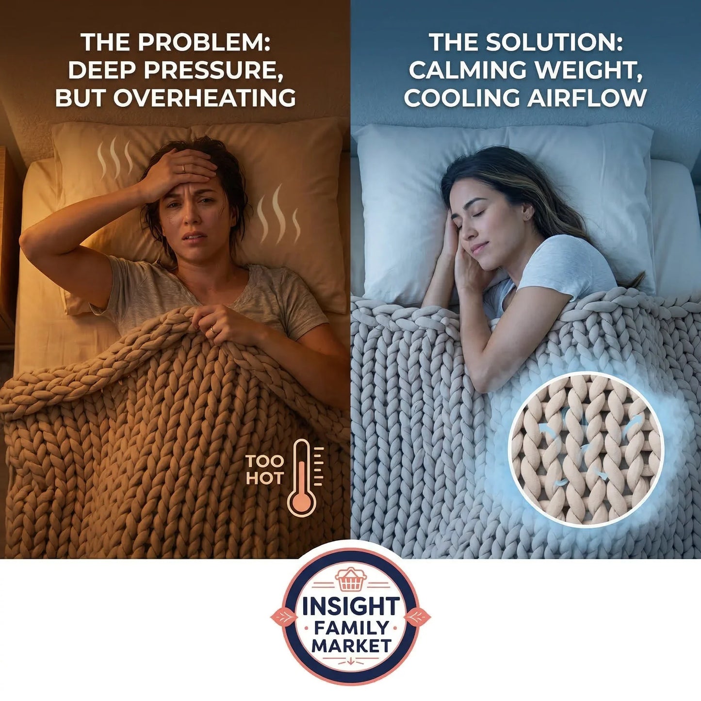 Comparison of a person under a hot blanket and another under a cooling blanket with text and product detail.