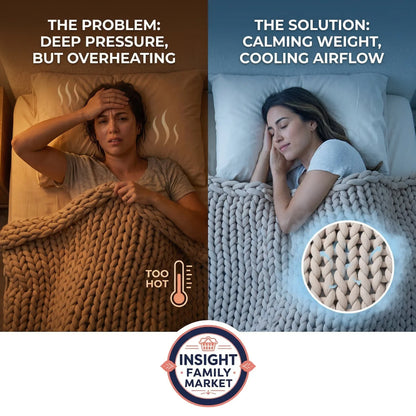 Comparison of a person under a hot blanket and another under a cooling blanket with text and product detail.